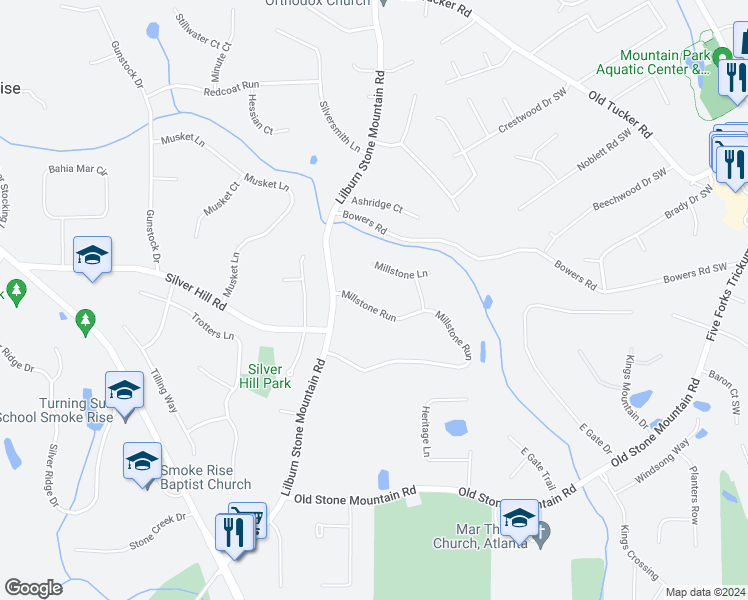 map of restaurants, bars, coffee shops, grocery stores, and more near 5854 Millstone Run in Stone Mountain