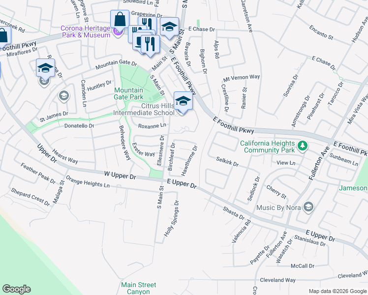 map of restaurants, bars, coffee shops, grocery stores, and more near 3429 Birchleaf Drive in Corona