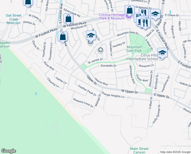 map of restaurants, bars, coffee shops, grocery stores, and more near 840 Captiva Circle in Corona