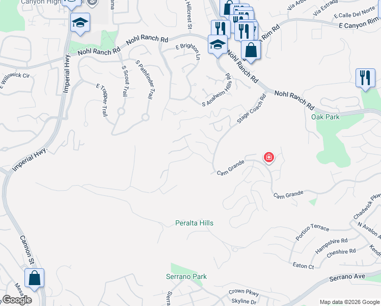 map of restaurants, bars, coffee shops, grocery stores, and more near 6041 East Queens Drive in Anaheim