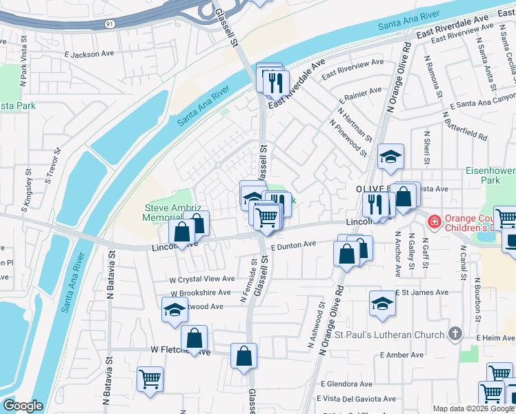 map of restaurants, bars, coffee shops, grocery stores, and more near 2841 North Glassell Street in Orange