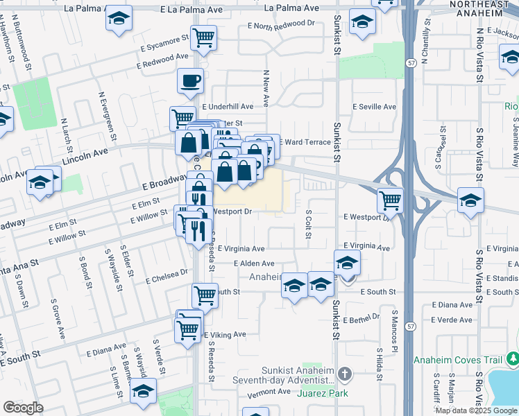 map of restaurants, bars, coffee shops, grocery stores, and more near 2233 East Westport Drive in Anaheim