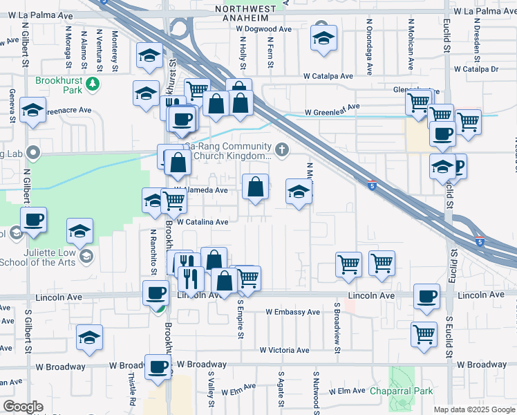 map of restaurants, bars, coffee shops, grocery stores, and more near 3 North Aladdin Street in Anaheim