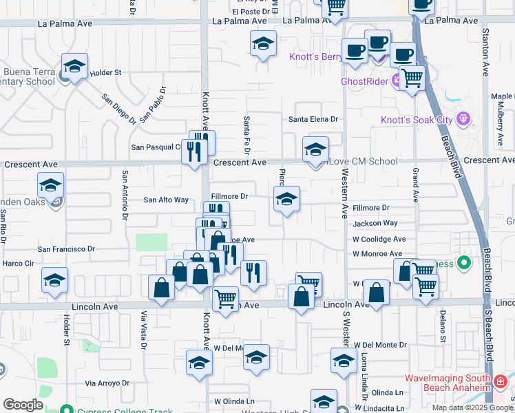 map of restaurants, bars, coffee shops, grocery stores, and more near 7089 Hoover Way in Buena Park