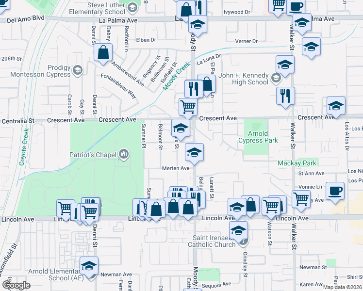 map of restaurants, bars, coffee shops, grocery stores, and more near 4900 Grace Avenue in Cypress