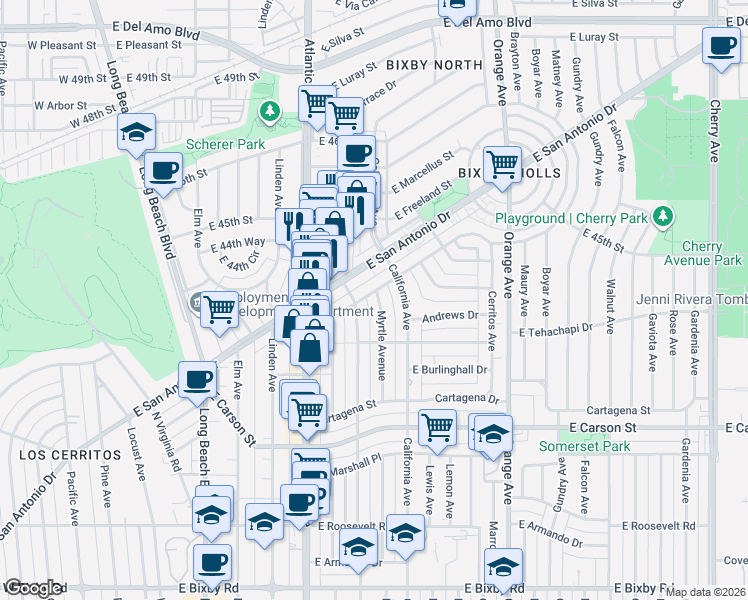 map of restaurants, bars, coffee shops, grocery stores, and more near 4485 Myrtle Avenue in Long Beach