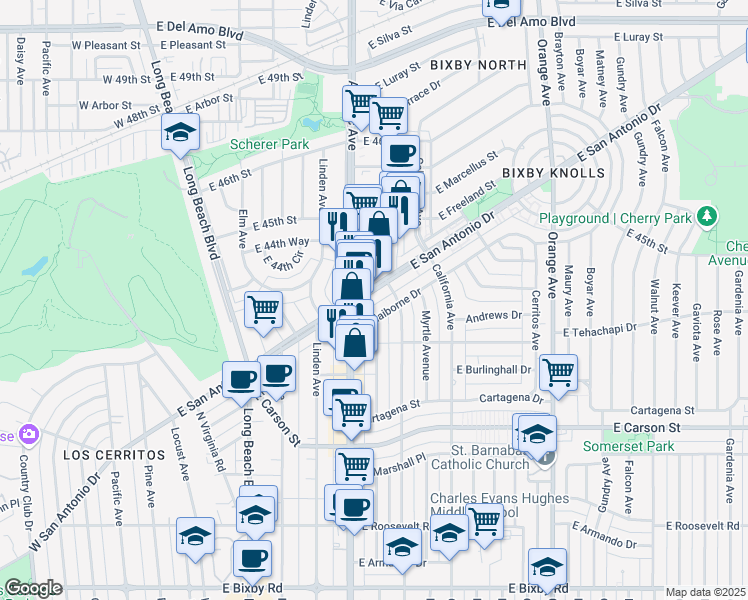 map of restaurants, bars, coffee shops, grocery stores, and more near 725 East Claiborne Drive in Long Beach