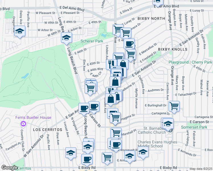 map of restaurants, bars, coffee shops, grocery stores, and more near 4416 Linden Avenue in Long Beach