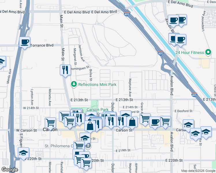 map of restaurants, bars, coffee shops, grocery stores, and more near 21111 Dolores Street in Carson