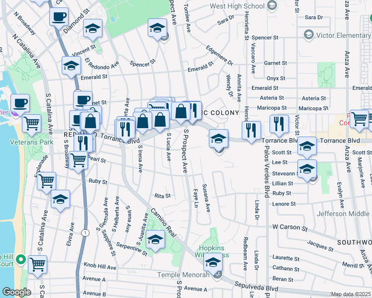map of restaurants, bars, coffee shops, grocery stores, and more near 313 South Prospect Avenue in Redondo Beach
