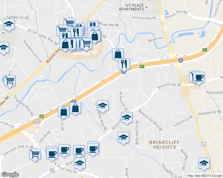 map of restaurants, bars, coffee shops, grocery stores, and more near 1886 Timothy Drive Northeast in Atlanta