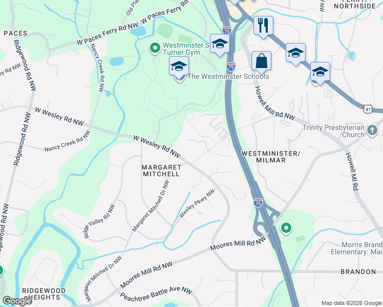 map of restaurants, bars, coffee shops, grocery stores, and more near 1465 West Wesley Road Northwest in Atlanta