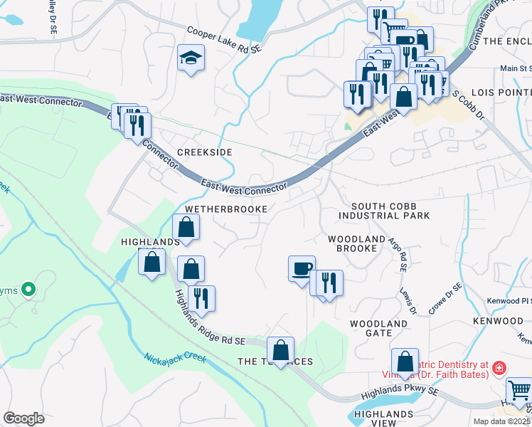 map of restaurants, bars, coffee shops, grocery stores, and more near 130 Wetherbrooke Lane Southeast in Smyrna