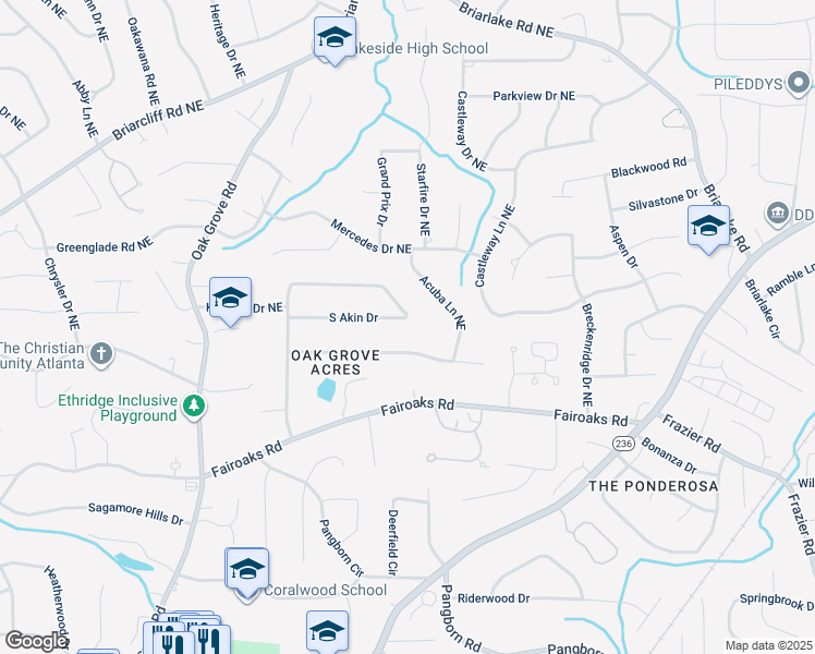 map of restaurants, bars, coffee shops, grocery stores, and more near 2046 South Akin Drive in Atlanta