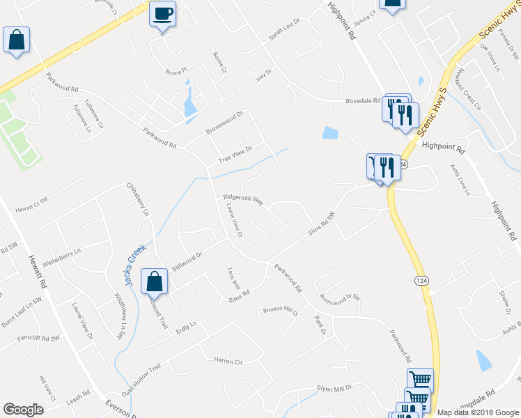 map of restaurants, bars, coffee shops, grocery stores, and more near 3280 Ridgerock Way in Snellville