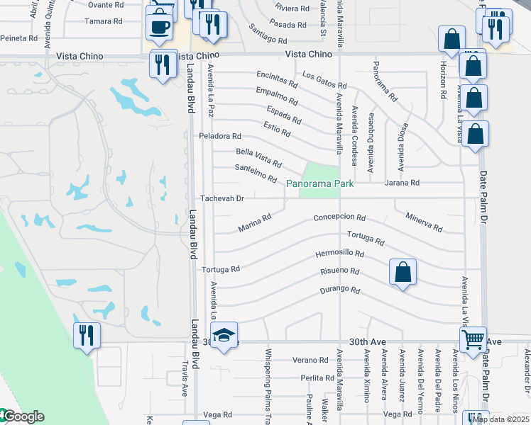 map of restaurants, bars, coffee shops, grocery stores, and more near 68210 Marina Road in Cathedral City