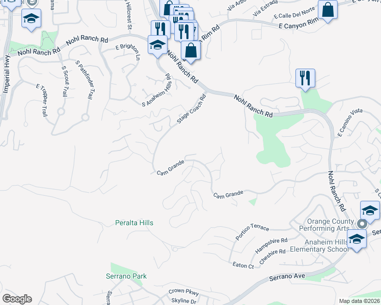 map of restaurants, bars, coffee shops, grocery stores, and more near 771 South Tourmaline Court in Anaheim