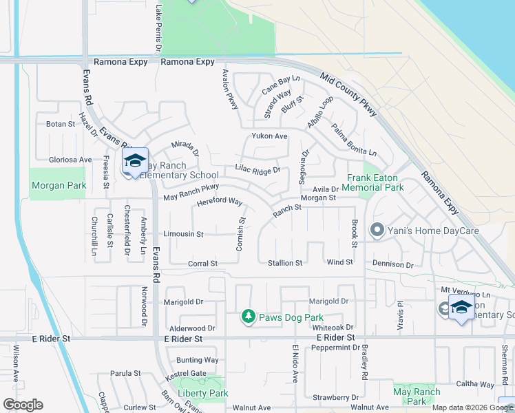 map of restaurants, bars, coffee shops, grocery stores, and more near 924 Hereford Way in Perris