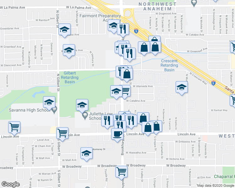 map of restaurants, bars, coffee shops, grocery stores, and more near 411 North Brookhurst Street in Anaheim