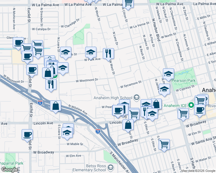 map of restaurants, bars, coffee shops, grocery stores, and more near 1200 West Connecticut Avenue in Anaheim