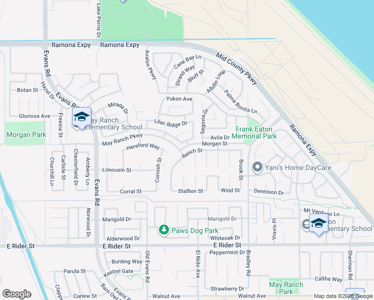 map of restaurants, bars, coffee shops, grocery stores, and more near 1402 Ranch Street in Perris