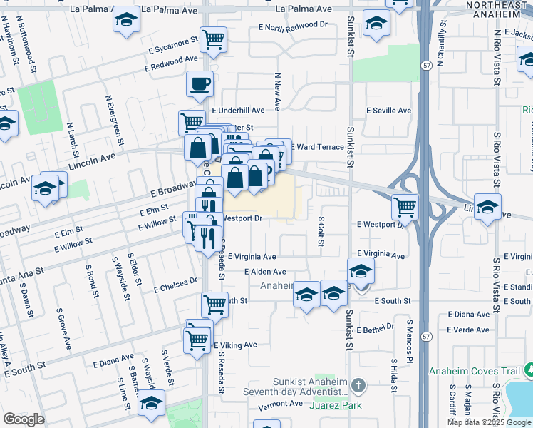 map of restaurants, bars, coffee shops, grocery stores, and more near 2233 East Westport Drive in Anaheim