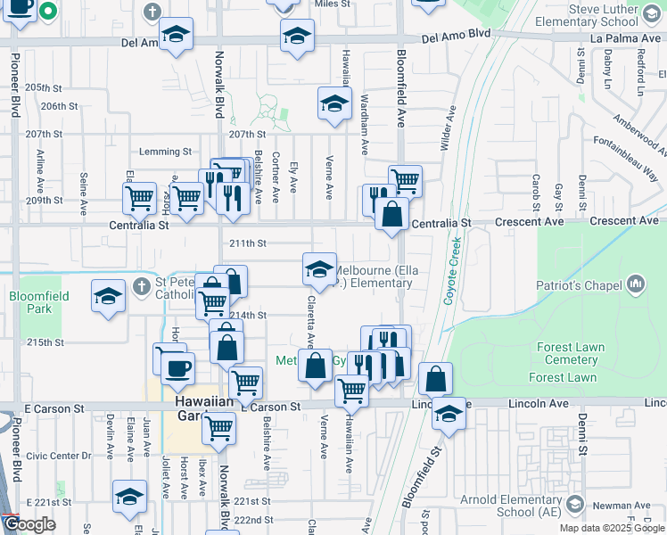 map of restaurants, bars, coffee shops, grocery stores, and more near 12428 212th Street in Lakewood