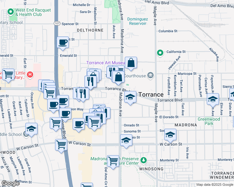 map of restaurants, bars, coffee shops, grocery stores, and more near 3402 Torrance Boulevard in Torrance