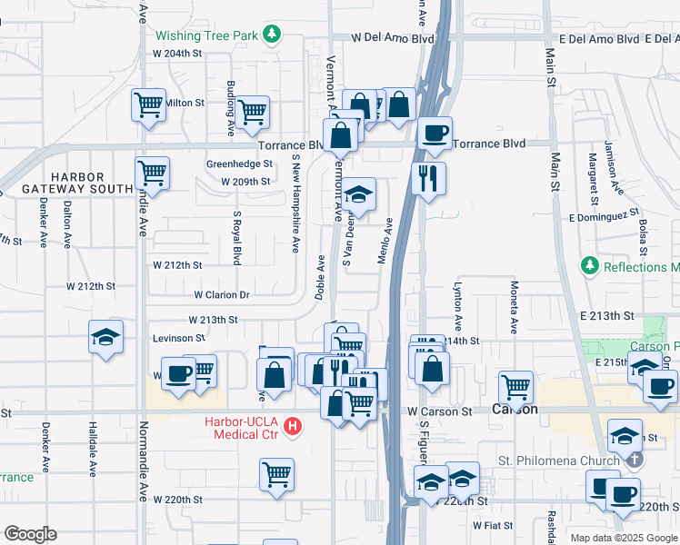 map of restaurants, bars, coffee shops, grocery stores, and more near 21133 South Van Deene Avenue in Torrance