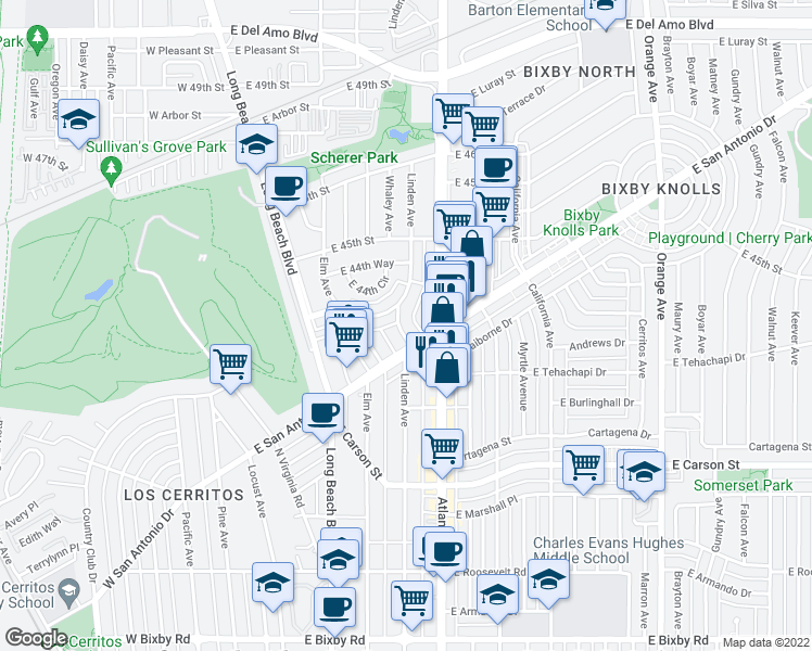 map of restaurants, bars, coffee shops, grocery stores, and more near 4416 Linden Avenue in Long Beach