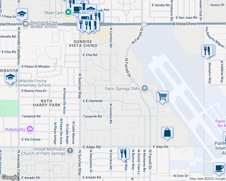 map of restaurants, bars, coffee shops, grocery stores, and more near 1020 North Cerritos Drive in Palm Springs