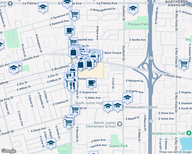 map of restaurants, bars, coffee shops, grocery stores, and more near 2233 East Westport Drive in Anaheim