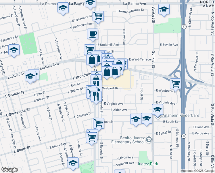 map of restaurants, bars, coffee shops, grocery stores, and more near 2119 East Westport Drive in Anaheim