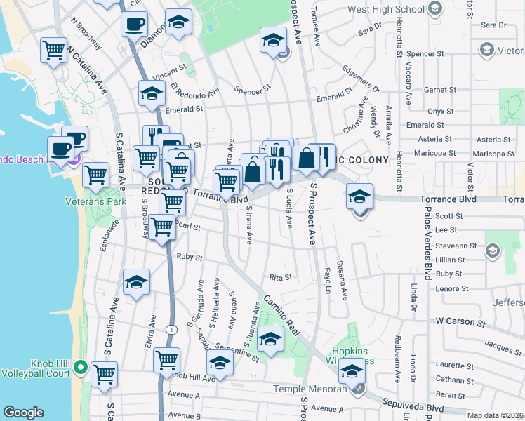 map of restaurants, bars, coffee shops, grocery stores, and more near 700 Opal Street in Redondo Beach