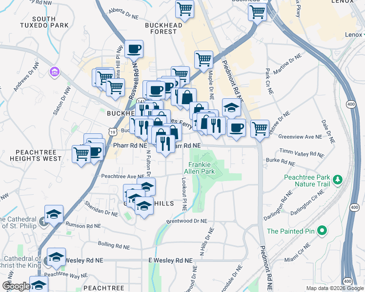 map of restaurants, bars, coffee shops, grocery stores, and more near Pharr Road Northeast in Atlanta