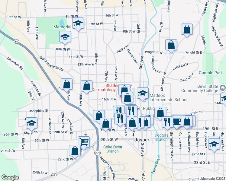 map of restaurants, bars, coffee shops, grocery stores, and more near 602 15th Street West in Jasper
