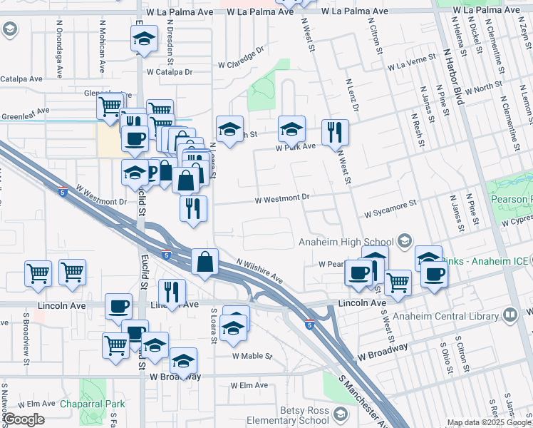 map of restaurants, bars, coffee shops, grocery stores, and more near 1435 West Wedgewood Drive in Anaheim