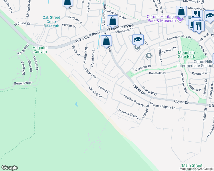 map of restaurants, bars, coffee shops, grocery stores, and more near 3354 Rural Circle in Corona