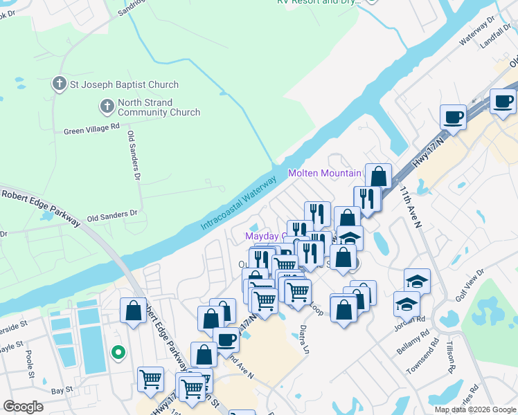 map of restaurants, bars, coffee shops, grocery stores, and more near 901 West Port Drive in North Myrtle Beach