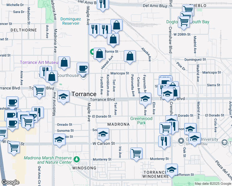 map of restaurants, bars, coffee shops, grocery stores, and more near 1104 Teri Avenue in Torrance