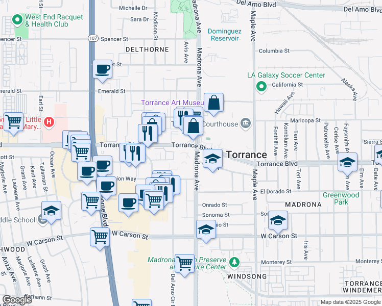 map of restaurants, bars, coffee shops, grocery stores, and more near 3402 Torrance Boulevard in Torrance