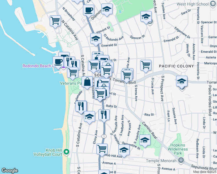 map of restaurants, bars, coffee shops, grocery stores, and more near 319 South Francisca Avenue in Redondo Beach