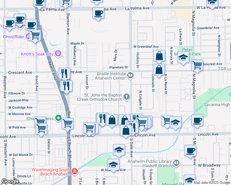 map of restaurants, bars, coffee shops, grocery stores, and more near 8674 Chestnut Circle in Buena Park