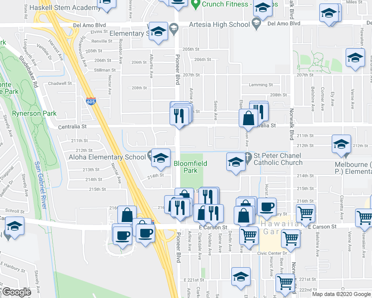 map of restaurants, bars, coffee shops, grocery stores, and more near 21222 Pioneer Blvd in Lakewood