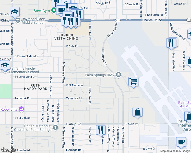 map of restaurants, bars, coffee shops, grocery stores, and more near 945 North Cll Loro in Palm Springs