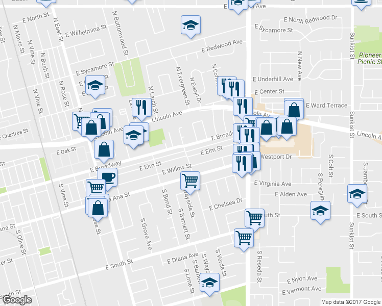 map of restaurants, bars, coffee shops, grocery stores, and more near 1627 East Elm Street in Anaheim