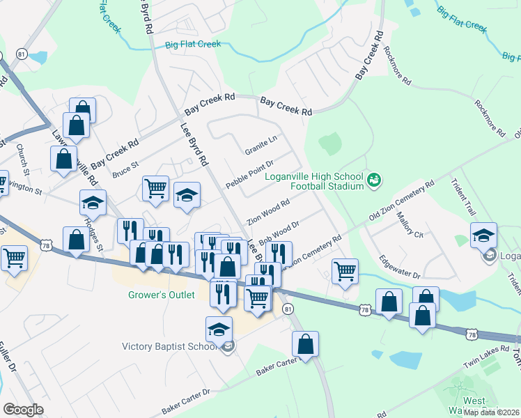 map of restaurants, bars, coffee shops, grocery stores, and more near 120 Zion Wood Road in Loganville