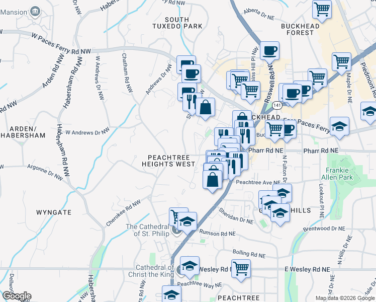 map of restaurants, bars, coffee shops, grocery stores, and more near 1 Slaton Drive Northwest in Atlanta