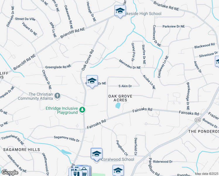 map of restaurants, bars, coffee shops, grocery stores, and more near 2124 South Akin Drive in Atlanta