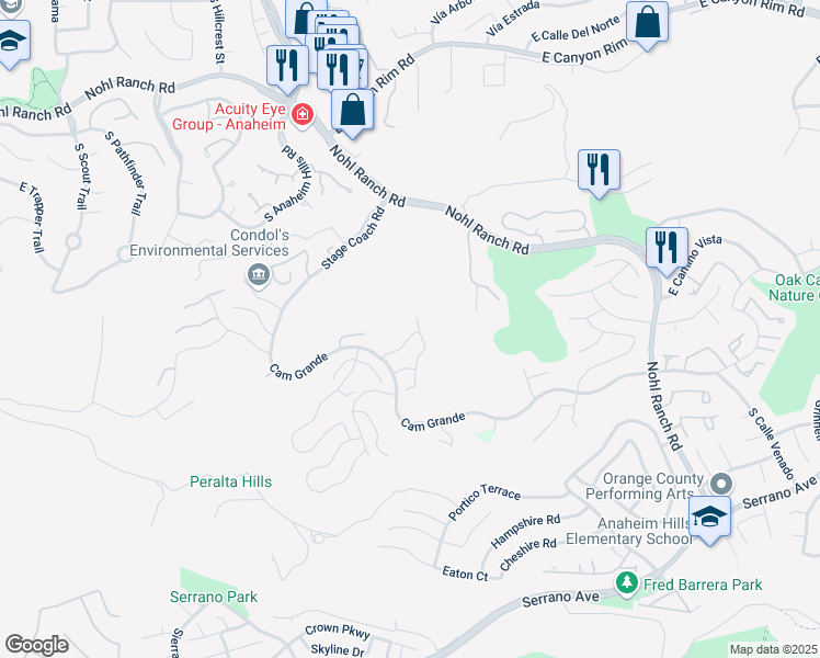 map of restaurants, bars, coffee shops, grocery stores, and more near 701 South Ruby Lane in Anaheim